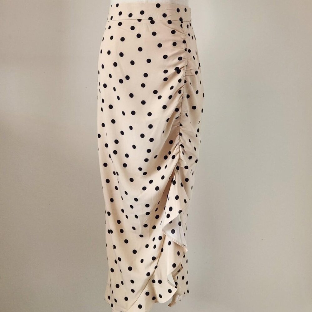 NASTY GAL Cream/Black High-Waisted Ruched Polka-Dot Midi Skirt w/ Ruffle Split.